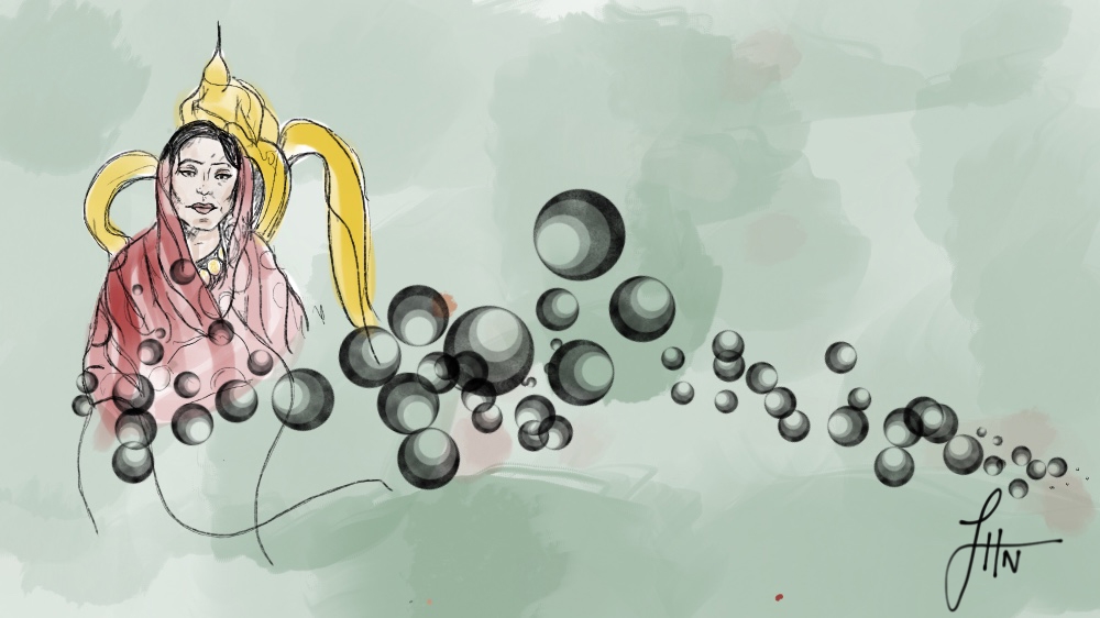 
Hanan Bulu Bulu at her home in Khartoum, December 2017 [Original photo: Janto Djassi/Picture Me Different. Illustration by Jawahir Hassan Al-Naimi/Al Jazeera]
