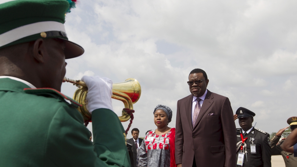 Namibia''s President Hage Geingob receives guard of honour upon arrival at the airport in Abuja
