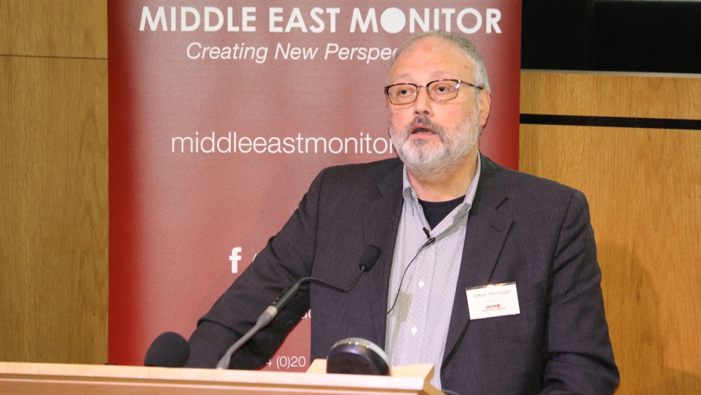 FILE PHOTO: Saudi dissident Jamal Khashoggi speaks at an event hosted by Middle East Monitor in London