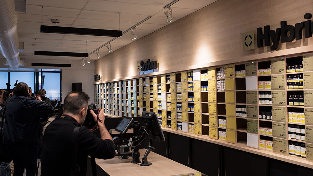 Each item comes with a government seal, the word cannabis above a red Maple leaf [Martin Ouellet-Diotte/AFP] 