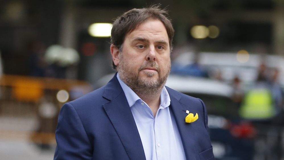Former Catalan Vice President Oriol Junqueras arrives at the National Court for questioning by a National Court judge investigating possible rebellion charges, in Madrid, Spain, Thursday Nov. 2, 2017