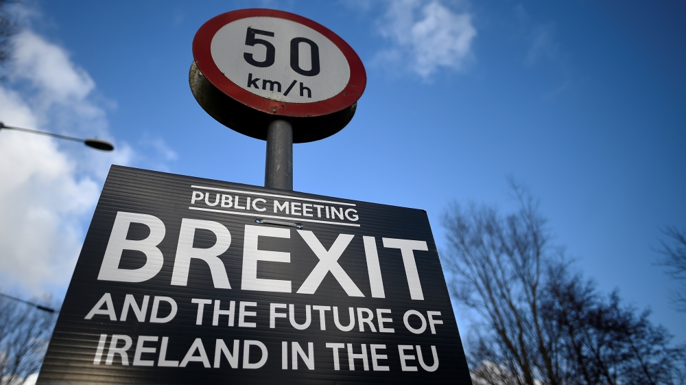 A Brexit sign is seen between Donegal in the Republic of Ireland and Londonderry in Northern Ireland at the border village of Muff