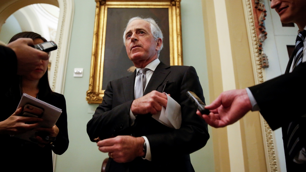 Senator Bob Corker (R-TN) speaks to reporters before a series of votes on legislation ending U.S. military support for the war in Yemen on Capitol Hill in Washington