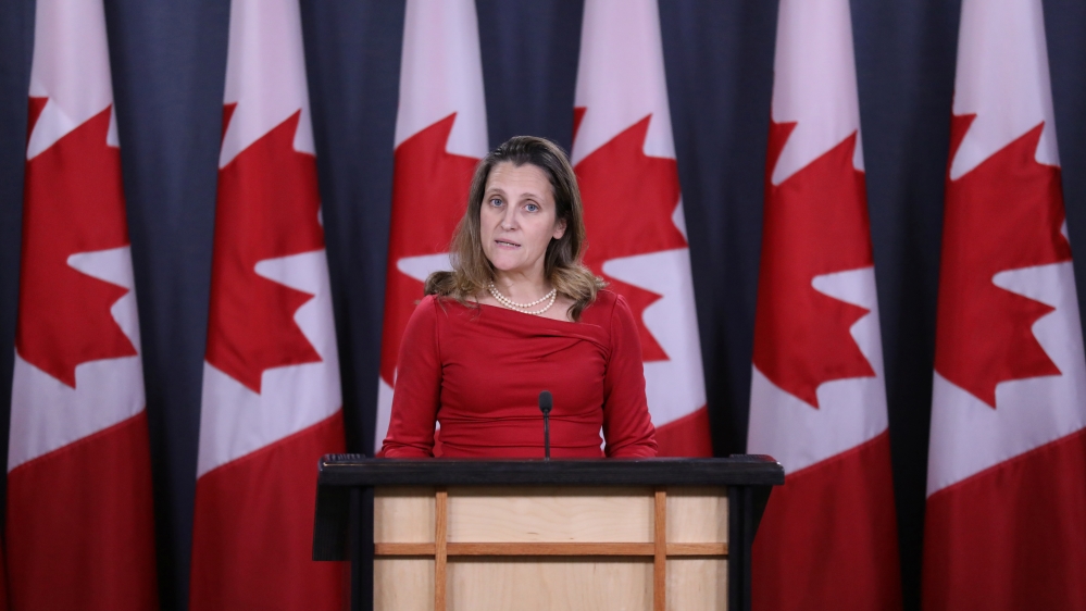 Canada''s Foreign Minister Chrystia Freeland speaks during a news conference in Ottawa