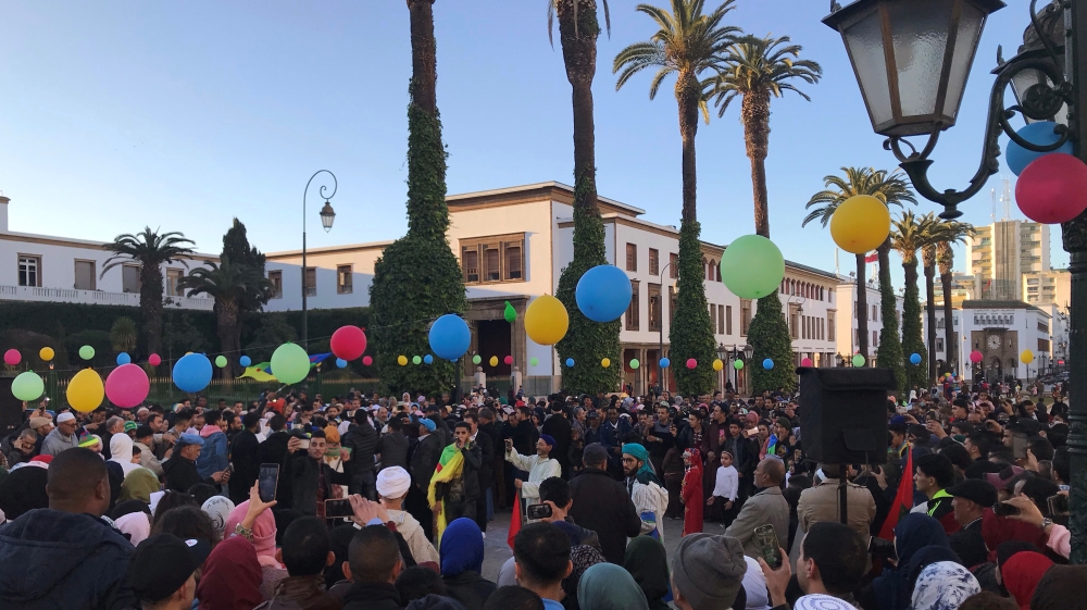 Amazigh people celebrate their new year outside the parliament with calls on the state to recognise the day as an official holiday and protect their language in Rabat