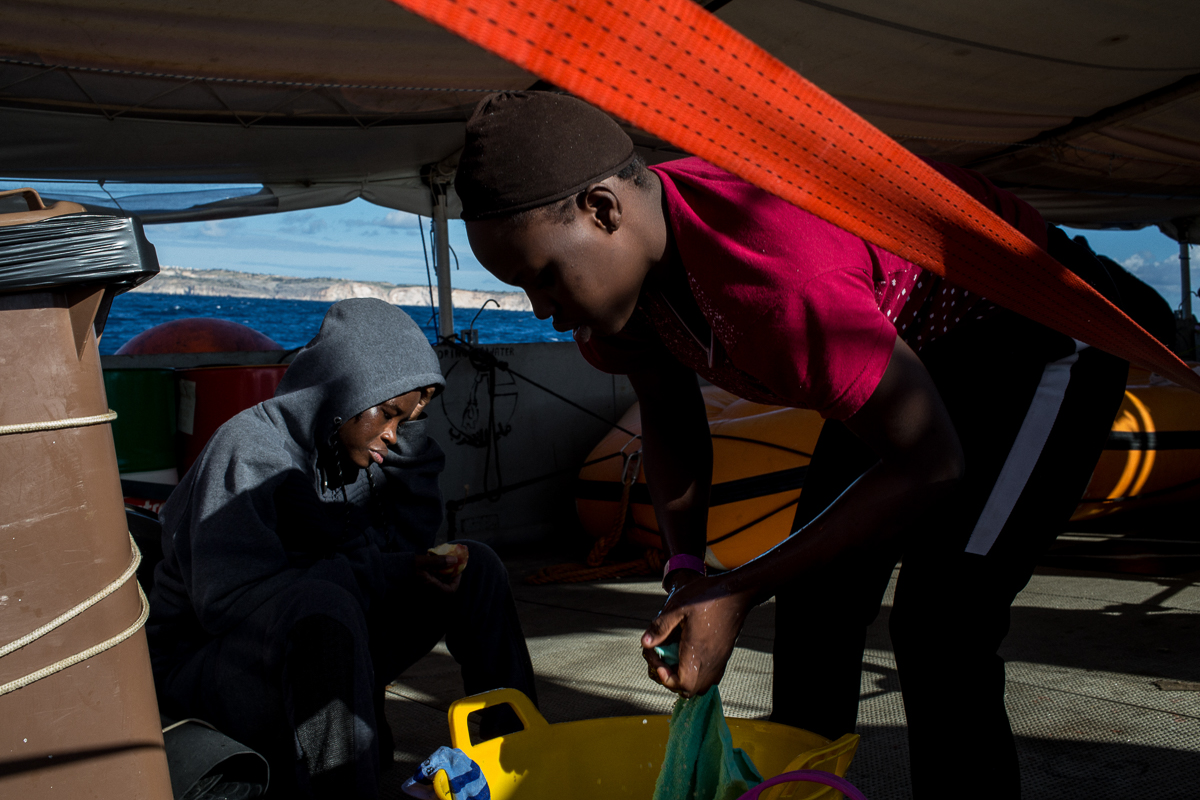 Many of the migrants are suffering from sea sickness. Life onboard the Dutch-flagged rescue vessel Sea Watch 3 is hard and frustrating for the 32 migrats rescued from the sea on the 22 December 2018.