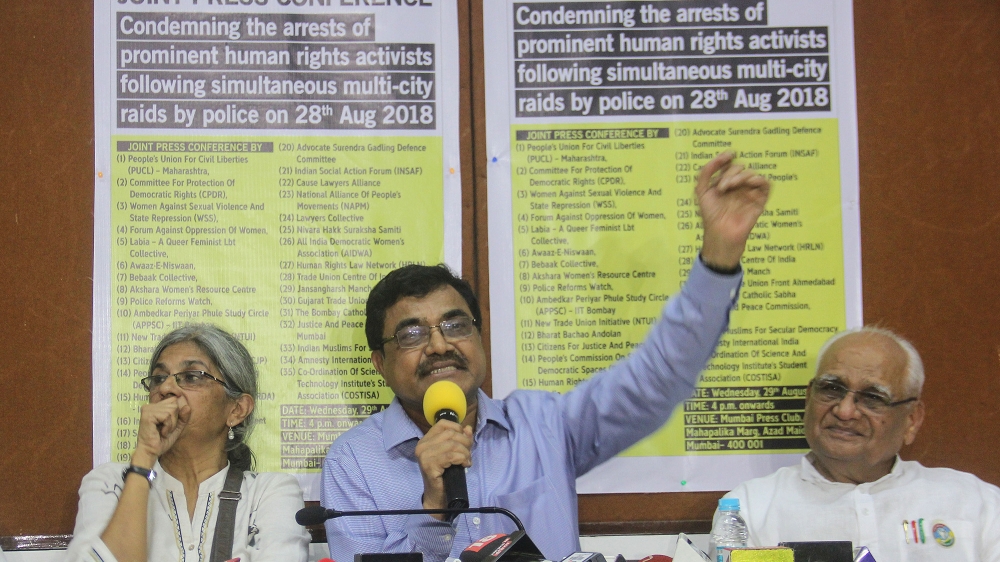 Joint Press Conference Condemning The Arrest Of Activists In Bhima-koregaon Violence Case MUMBAI, INDIA - AUGUST 29: Susan Abraham, wife of Vernon Gonsalves, Civil rights activist Anand Teltumbde whos