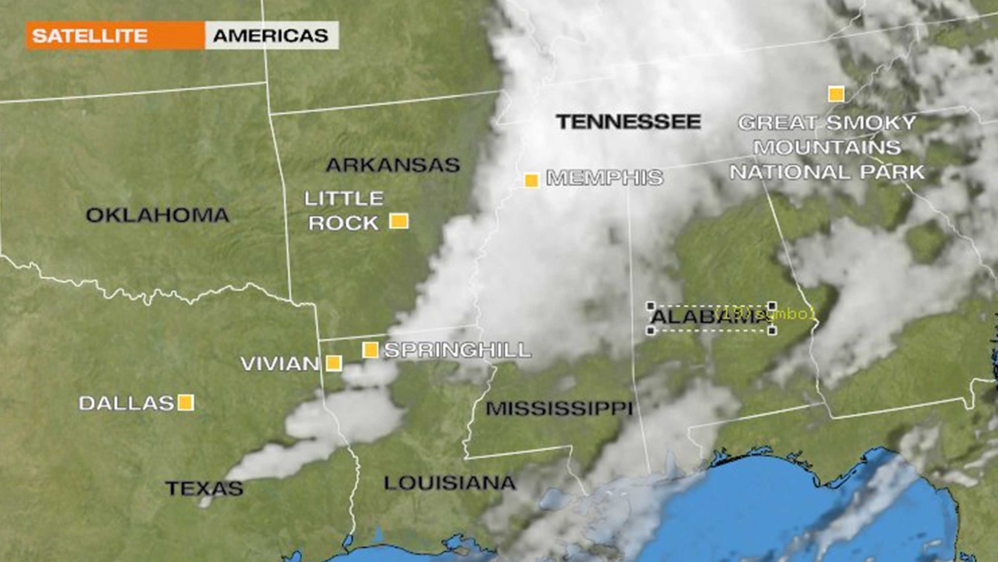 Satellite view of EF1 tornado outbreak in southern US states