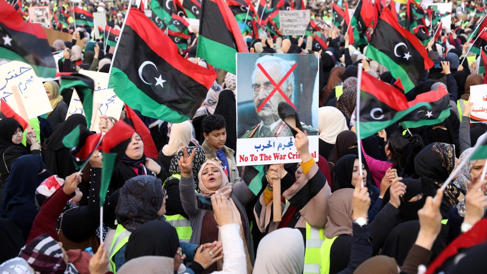 Libyan protesters attend a demonstration to demand an end to the Khalifa Haftar''s offensive against Tripoli, in Martyrs'' Square in central Tripoli