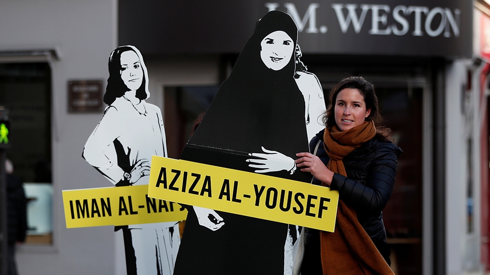 Demonstrators from Amnesty International stage the protest on International Women''s day to urge Saudi authorities to release jailed women''s rights activists Loujain al-Hathloul, Eman al-Nafjan and Azi