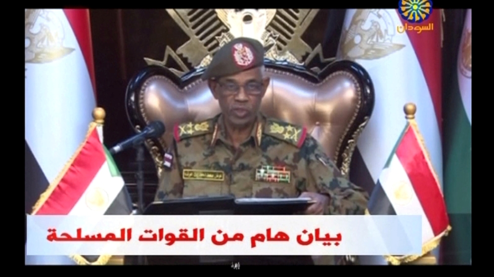 Sudan''s Defence Minister Awad Mohamed Ahmed Ibn Auf makes an announcement in Sudan