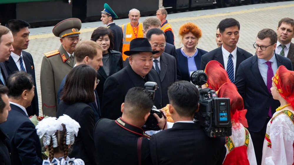 North Korean leader Kim Jong Un (C) takes part in a welcoming ceremony at a railway station in the far eastern settlement of Khasan, Russia April 24, 2019. Press Service of Administration of Primorsky