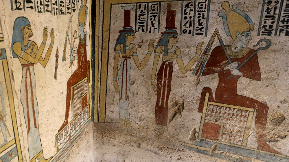 Preserved wall paintings inside the newly discovered burial site, Tomb of Tutu, at al-Dayabat, Sohag