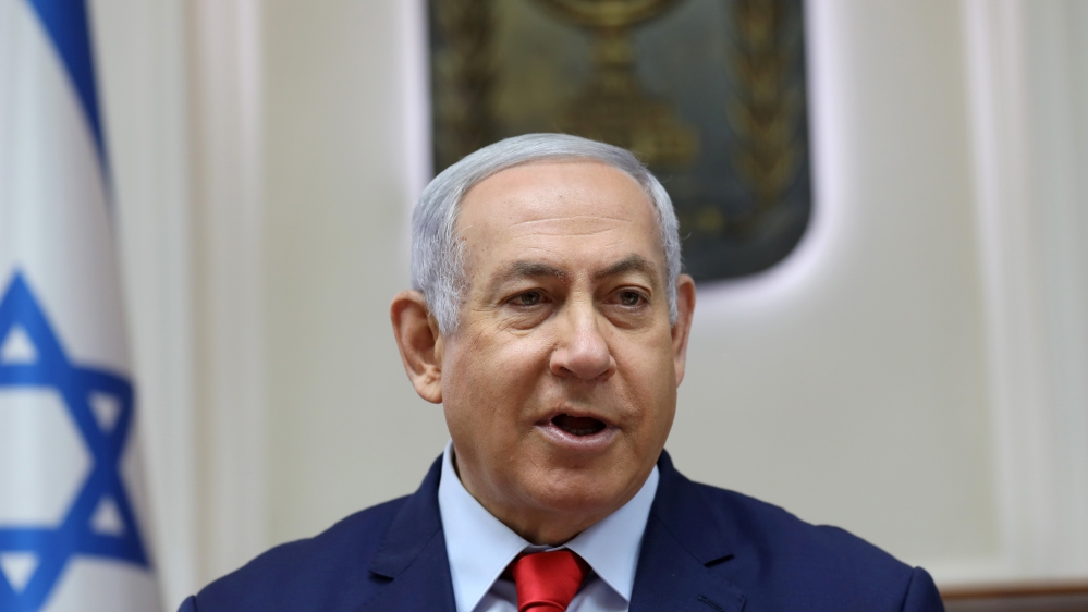 Israeli Prime Minister Benjamin Netanyahu speaks at the start of the weekly cabinet meeting at his Jerusalem office