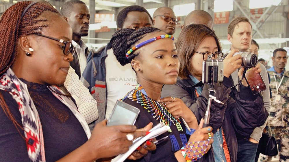 Journalists visiting the Eastern Industrial Zone shoe manufacturing park in Addis Ababa. The visit was organised by Oxfam International's Africa-China Dialogue (ACDP) and Wits Africa-China Reporting Project as part the Media Workshop on Reporting Africa-China Engagements [File: Sharon Tshipa/SOPA Images/LightRocket via Getty Images]