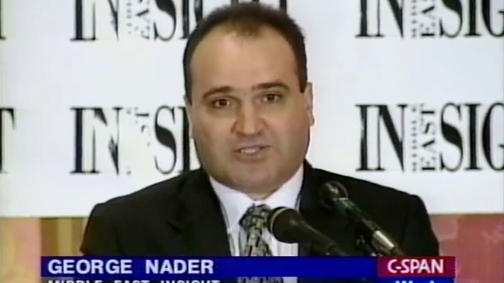 This 1998 frame from video provided by C-SPAN shows George Nader, president and editor of Middle East Insight. Nader, an adviser to the United Arab Emirates who is now a witness in the U.S. special co