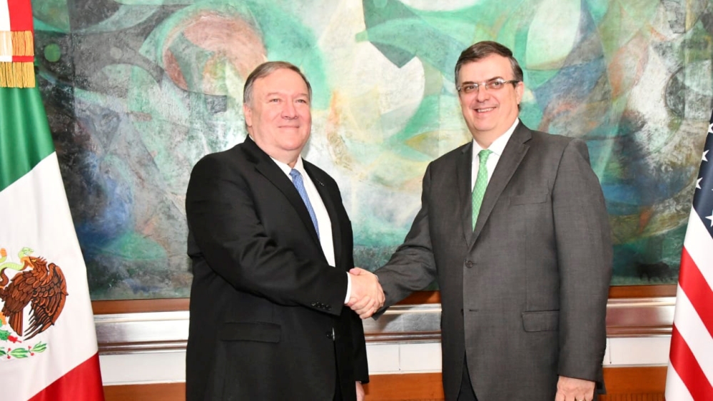 U.S Secretary of State Mike Pompeo shakes hands with Mexican Foreign Minister Marcelo Ebrard during a private meeting at the Foreign Ministry Building (SRE) in Mexico City