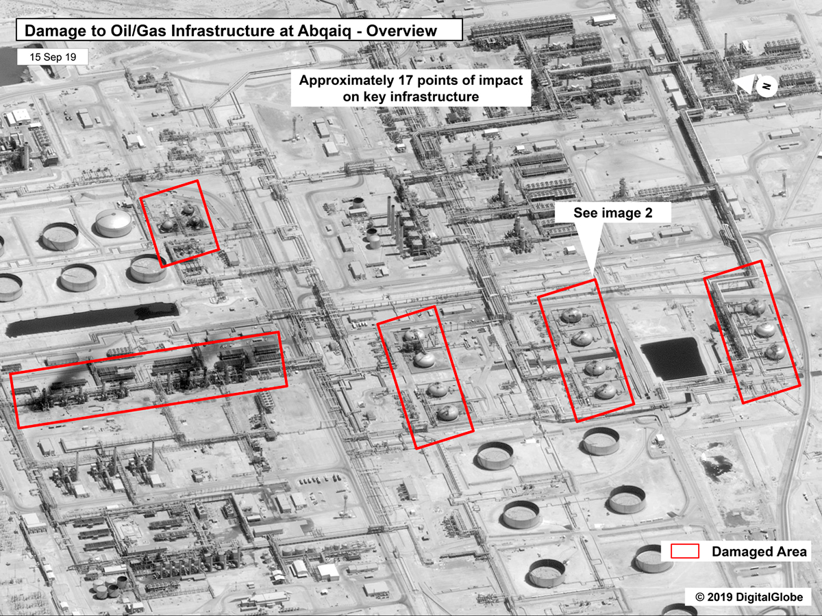 This image provided on Sunday, Sept. 15, 2019, by the U.S. government and DigitalGlobe and annotated by the source, shows damage to the infrastructure at Saudi Aramco's Abaqaiq oil processing facility