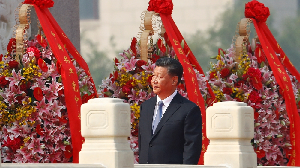 Chinese President Xi Jinping arrives at a wreath-laying ceremony at the Monument to the People’s Heroes in Tiananmen Square, to mark the 70th anniversary of the founding of the People’s Republic of China. Other than Mao, he is the only leader to have his ideas added to the party constitution.