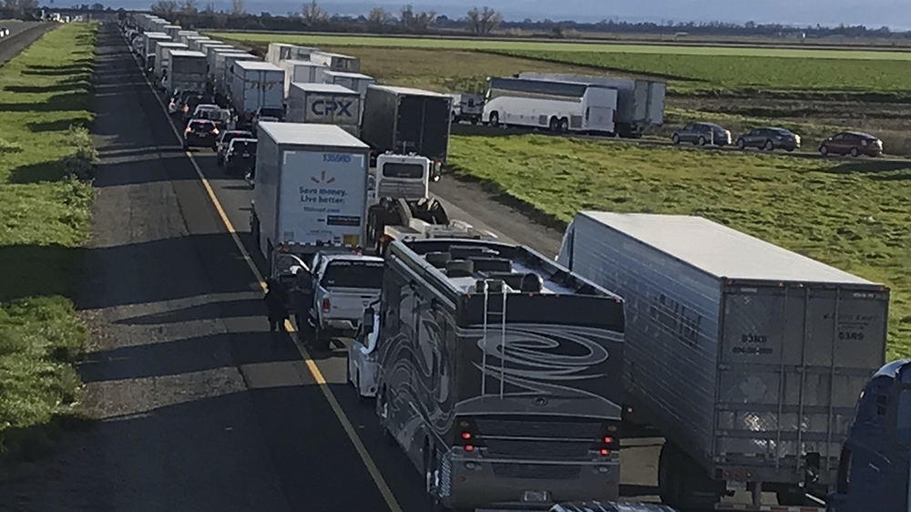 Feb. 14, 2019, photo released by Caltrans District 3 shows a 7-mile back up on the South bound Interstate 5, as it reopens to traffic in Maxwell in Colusa County, California