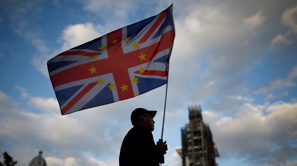 An anti-Brexit protester demonstrates outside the Houses of Parliament in London, Britain, September 4, 2019