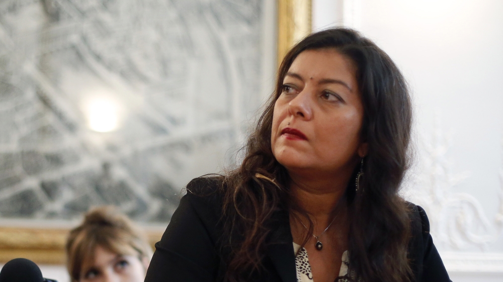 French journalist Sandra Muller gives a press conference, in Paris, Wednesday, Sept. 25, 2019. A Paris court has ruled that the woman who launched the French version of the #MeToo movement must pay 20