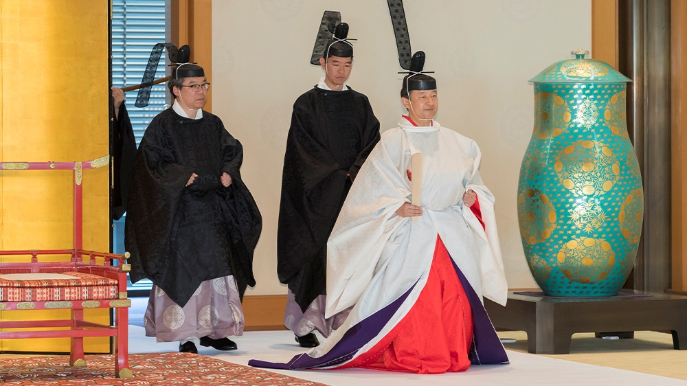 Japan’s Emperor Naruhito attends a ritual called Chokushi-Hakken-no-gi shortly after he ascended the throne in May. [Imperial Household Agency of Japan via Reuters]