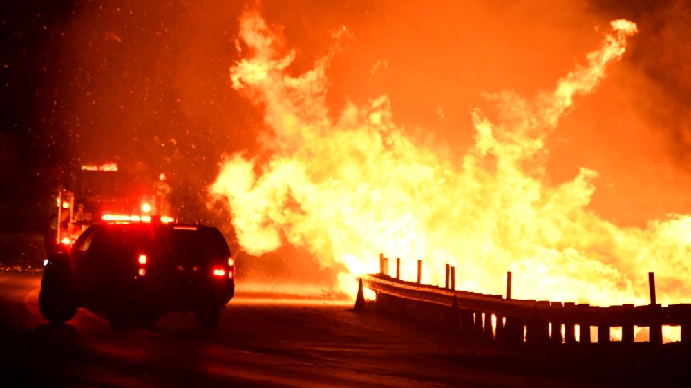 A wind driven wildfire in the hills of Canyon Country north of Los Angeles, California