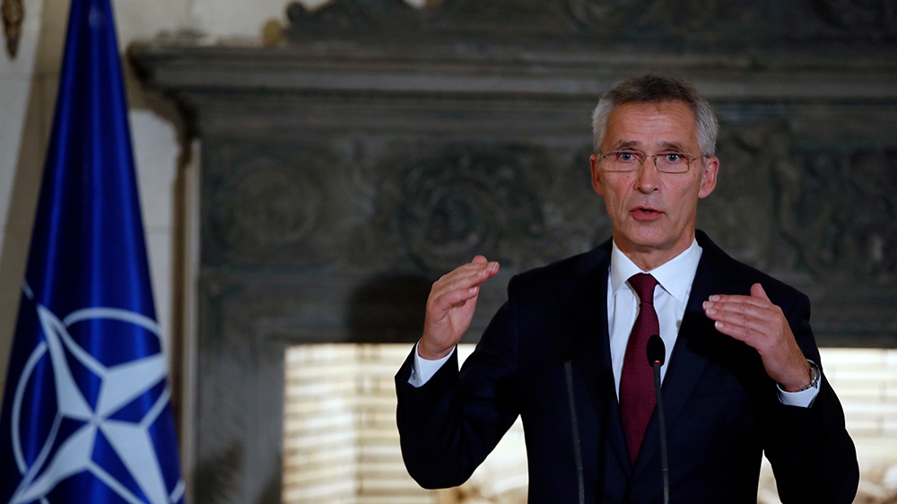NATO Secretary General Jens Stoltenberg makes a statement during a press conference with Greece's Prime Minister Kyriakos Mitsotakis at Maximos Mansion in Athens, Thursday, Oct. 10, 2019. Stoltenberg
