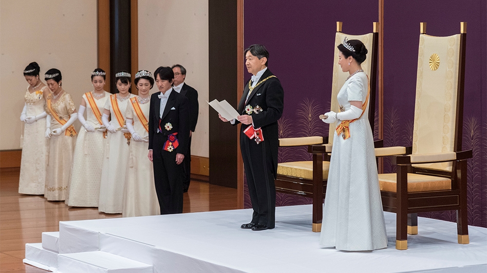 Japan’s Emperor Naruhito, flanked by Empress Masako, ascended the throne in May, A series of ceremonies are being held throughout the year to mark the occasion. [Imperial Household Agency of Japan via Reuters]