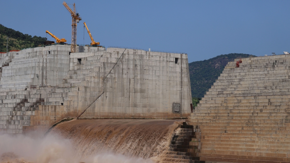 Water flows through Ethiopia''s Grand Renaissance Dam as it undergoes construction work on the river Nile in Guba Woreda, Benishangul Gumuz Region, Ethiopia September 26, 2019