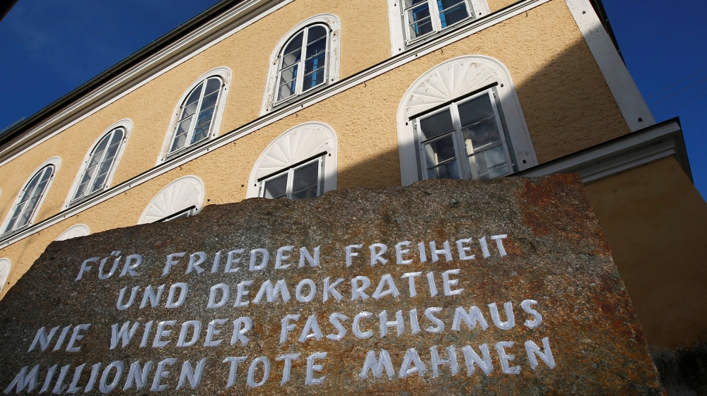 Inscribed stone outside house in which Adolf Hitler was born is pictured in Braunau am Inn