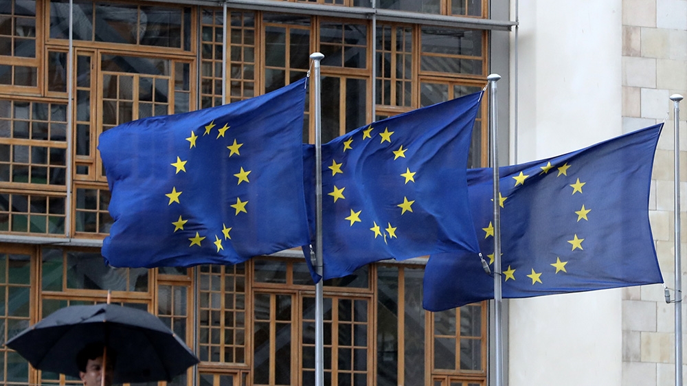EU flags flutter ahead of the arrival of Britain’s permanent Representative to the EU Tim Barrow and British PM Boris Johnson''s Europe Adviser David Frost at the Euro Commission headquarters