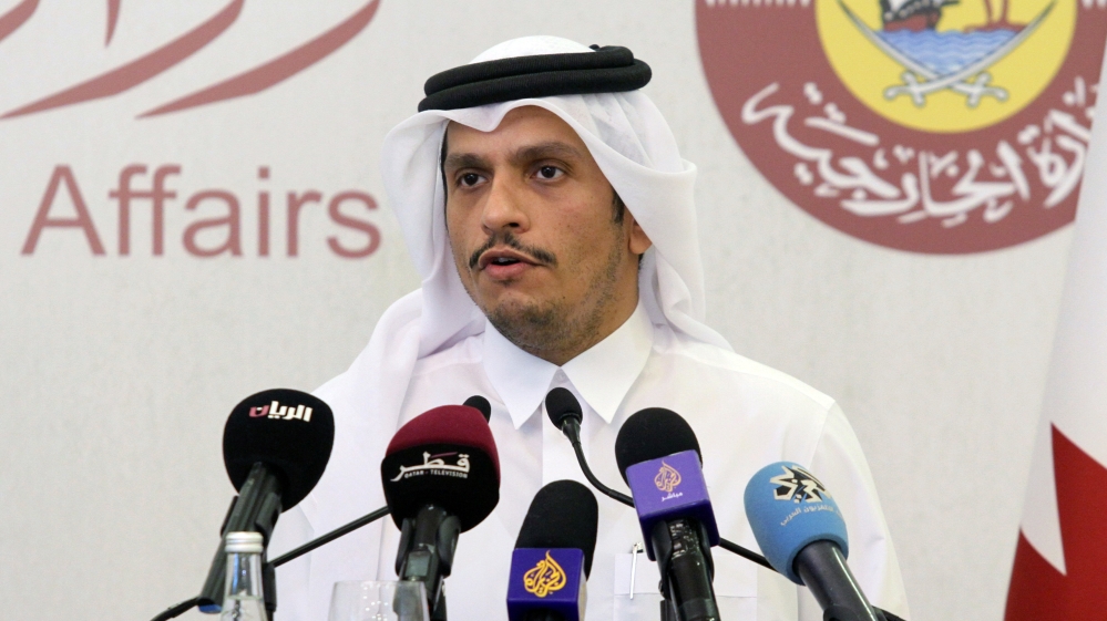 Qatari Minister of Foreign Affairs Sheikh Mohammed bin Abdulrahman Al-Thani, speaks during a news conference with French Foreign Minister Jean-Yves Le Drian in Doha