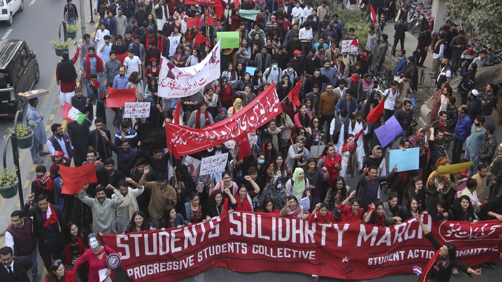 Pakistani students and civil society activists rally against ban on students' unions in Lahore, Pakistan, Friday, Nov. 29, 2019. Students backed by rights activists are holding rallies across the coun