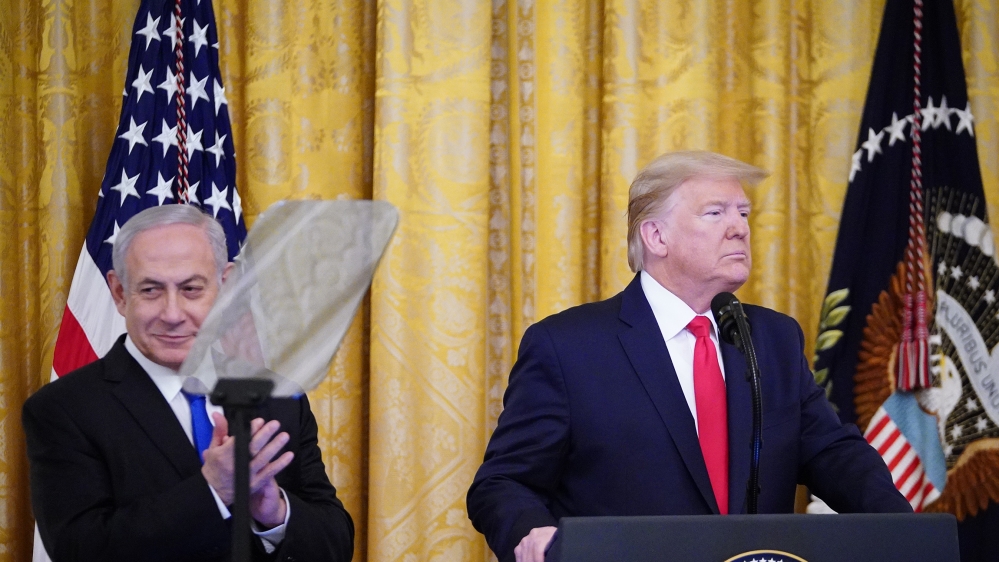 US President Donald Trump and Israel''s Prime Minister Benjamin Netanyahu take part in an announcement of Trump''s Middle East peace plan in the East Room of the White House in Washington, DC on January