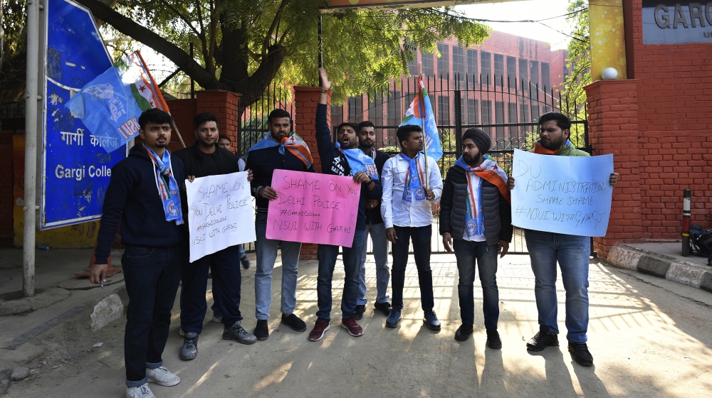 National Students'' Union of India (NSUI) members protest against mass molestation that took place during their annual fest in Delhi Universitys Gargi College, on February 10, 2020 in New Delhi, India.