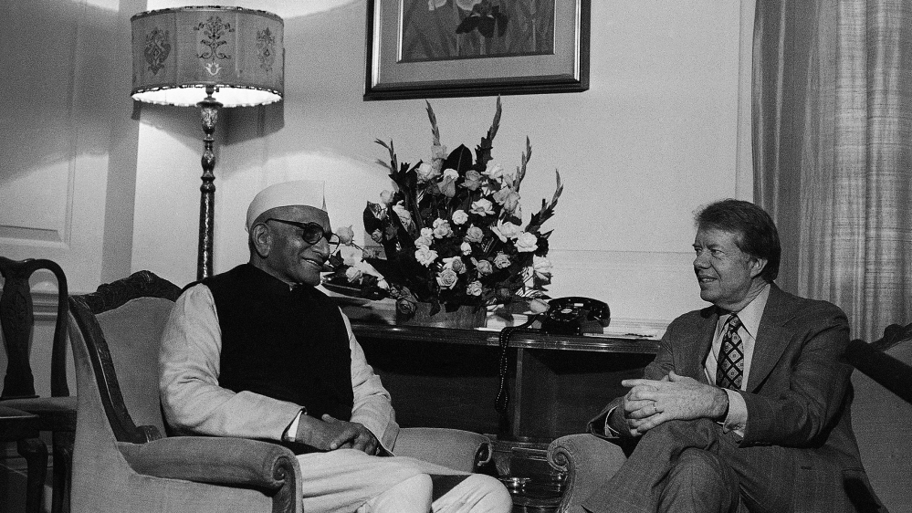 President Jimmy Carter and Indian Prime Minister Morarji Desai hold talks at the Presidential Palace, Rashtrapati Bhavan in New Delhi Monday, Jan. 2, 1978. (AP Photo/DC)