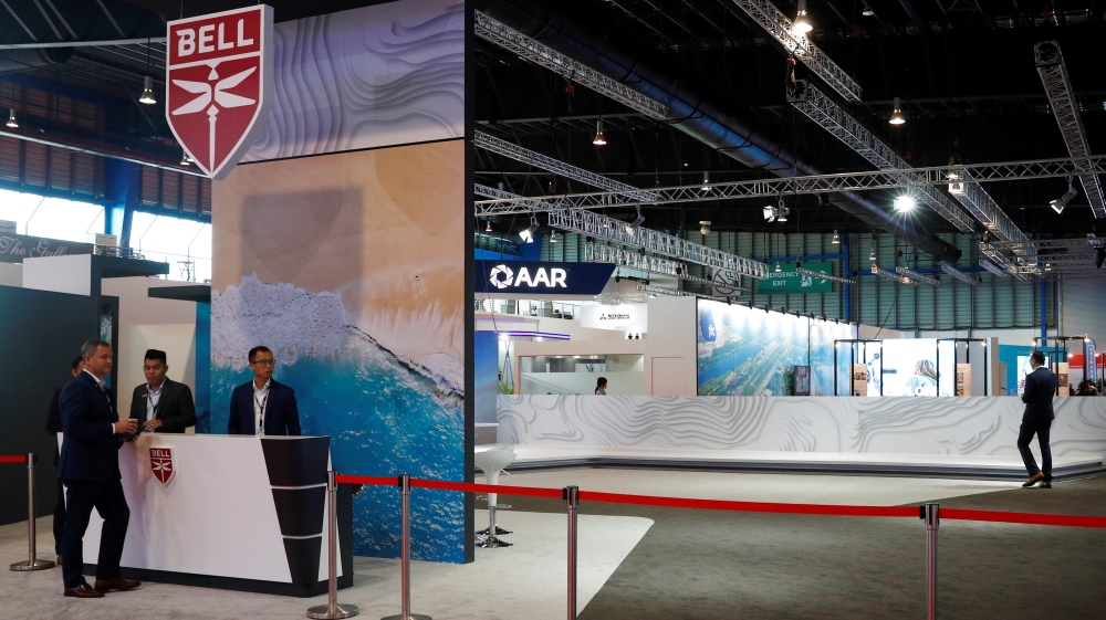 A view of an empty booth at the Singapore Airshow in Singapore