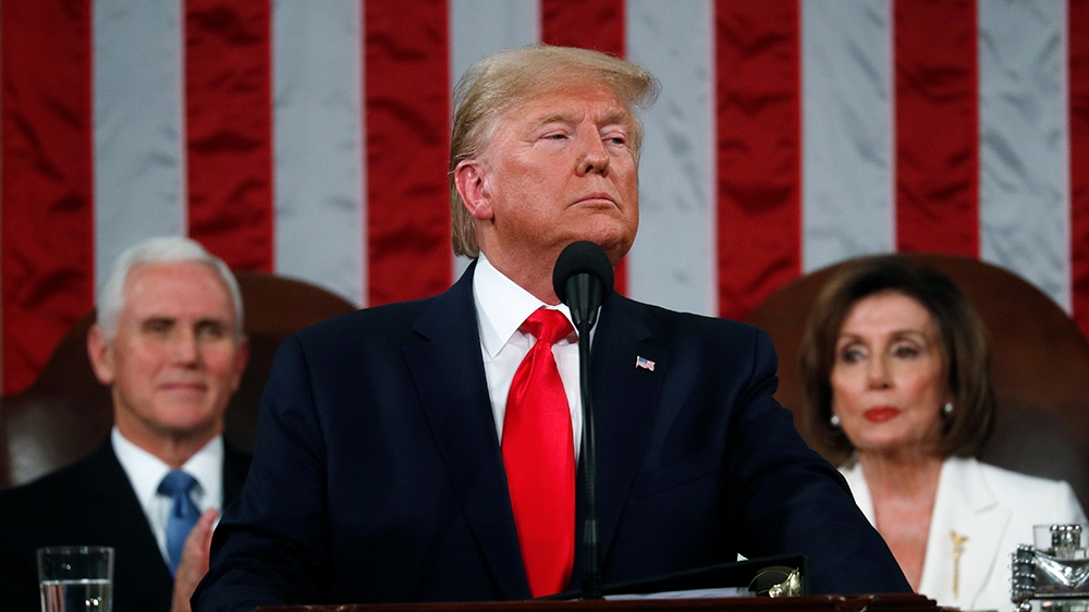 President Donald Trump delivers his State of the Union address to a joint session of Congress in the House Chamber on Capitol Hill in Washington, Tuesday, Feb. 4, 2020, as Vice President Mike Pence an