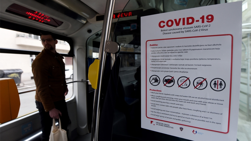 CROATIA-VIRUS-HEALTH A picture taken on March 6, 2020 in Zagreb, shows a poster bearing warning against the new covid-19 coronavirus in a tram.