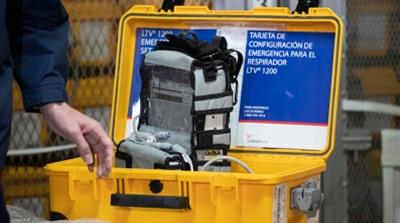 A ventilator is displayed during a news conference, Tuesday, March 24, 2020 at the New York City Emergency Management Warehouse, where 400 ventilators have arrived and will be distributed.  Gov. Andre
