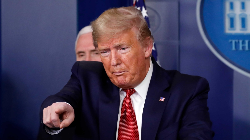 US President Donald Trump taking questions during a briefing about the coronavirus in Washington, DC