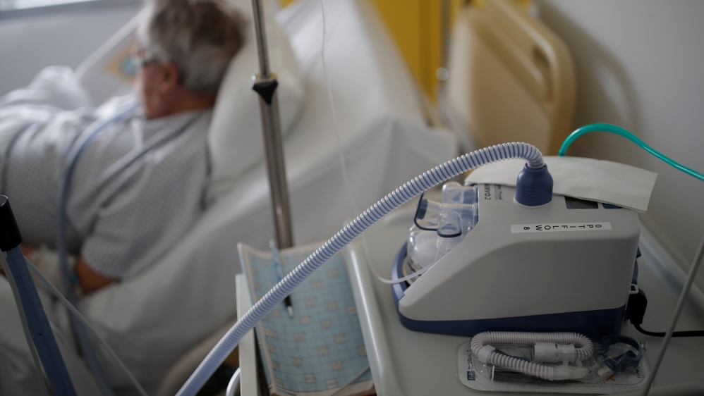 A nasal ventilator is pictured as a patient suffering from coronavirus disease is treated in a pulmonology unit at the hospital in Vannes