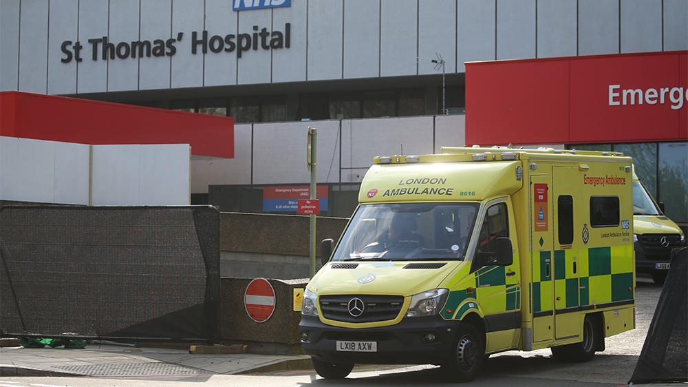 An ambulance leaves St Thomas' Hospital in central London on April 7, 2020, where Britain's Prime Minister Boris Johnson is in intensive care with symptoms of the novel coronavirus COVID-19. - British