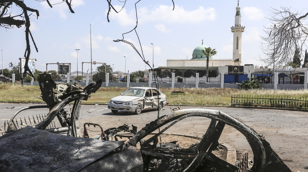 Warlord Khalifa Haftar’s forces target hospital for COVID-19 treatment- - TRIPOLI, LIBYA - APRIL 07: A vehicle is wrecked and another damaged after warlord Khalifa Haftar’s forces targeted Khadra hosp