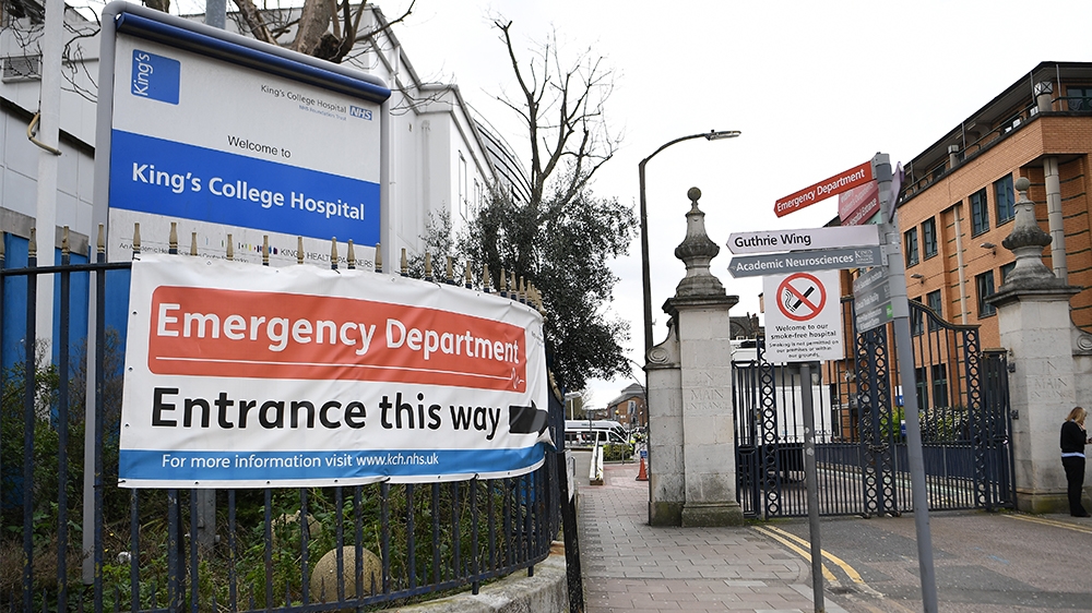epa08303686 A view of the NHS Emergency Department entrance at Kings College hospital in London, Britain, 18 March 2020. British Prime Minister Johnson has called upon the British public to avoid all