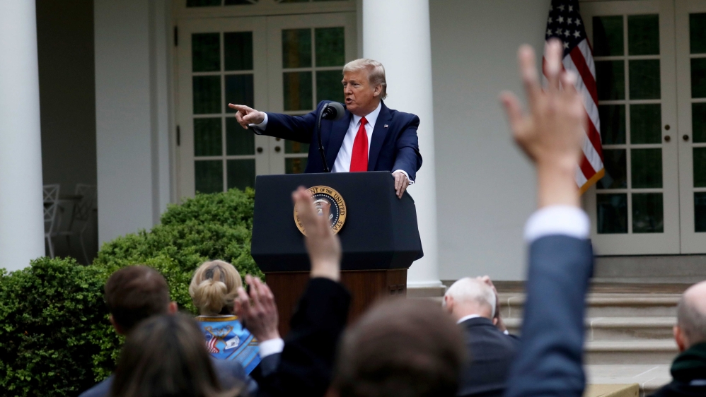 US President Donald Trump answering questions during the daily coronavirus task force briefing in the Rose Garden at the White House in Washington, DC, US