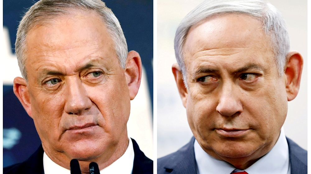 FILE PHOTO: A combination picture shows Benny Gantz, leader of Blue and White party, in Tel Aviv, Israel, November 23, 2019 and Israeli Prime Minister Benjamin Netanyahu in Kiryat Malachi, Israel Marc