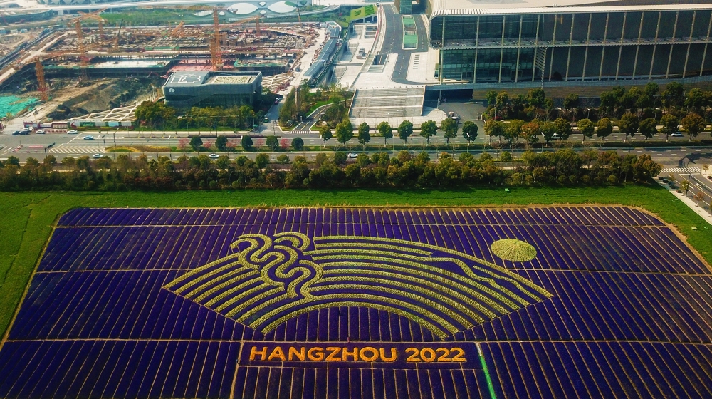 This aerial photo taken on March 26, 2019 shows different coloured flowers used to create the logo of the 19th Asian Games near the under-construction venues in Hangzhou in China''s eastern Zhejiang p